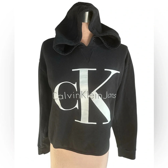 Calvin Klein Jeans Cropped Oversized Logo Hoodie Sweatshirt Women’s Size Medium - Picture 1 of 5